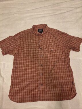 Vintage Woolrich Men's XL Short Sleeve Snap Shirt Reddish/Orange & White Plaid